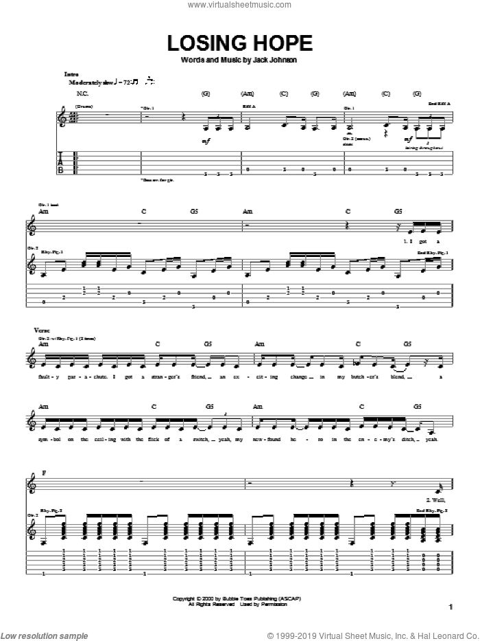 Losing Hope sheet music for guitar (tablature) by Jack Johnson, intermediate skill level