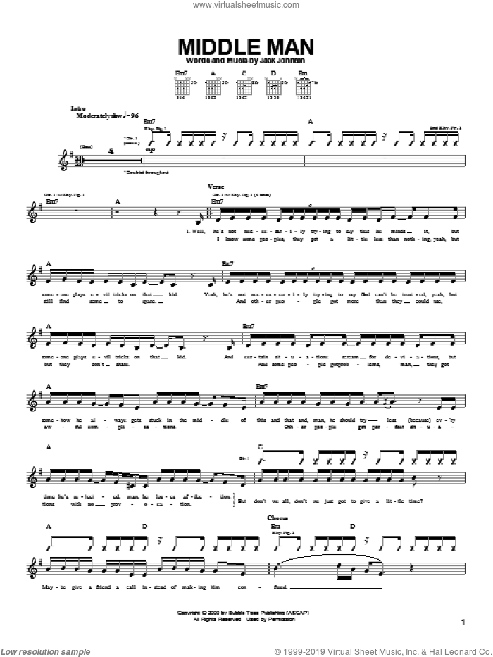 Middle Man sheet music for guitar (tablature) by Jack Johnson, intermediate skill level