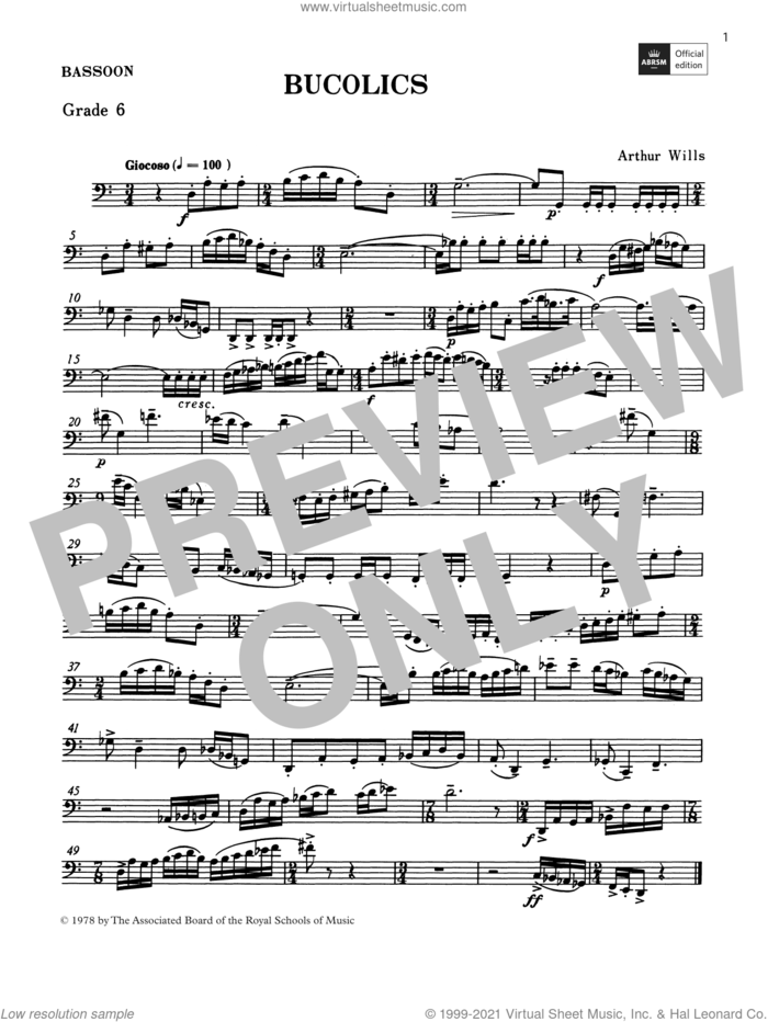 Bucolics (Grade 6 List C10 from the ABRSM Bassoon syllabus from 2022) sheet music for bassoon solo by Arthur Wills, classical score, intermediate skill level