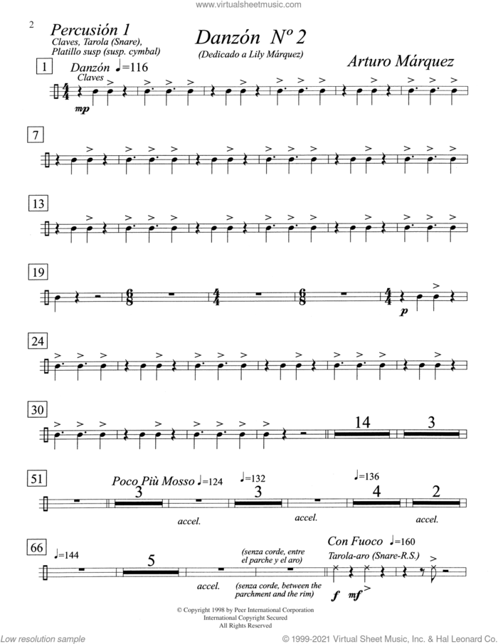 Danzon No. 2 for 2 Pianos (with Optional Percussion) - Percussion Parts (complete set of parts) sheet music for percussions by Arturo Marquez and Edison Quintana, classical score, intermediate skill level