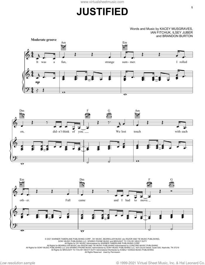 Justified sheet music for voice, piano or guitar by Kacey Musgraves, Brandon Burton, Ian Fitchuk and Ilsey Juber, intermediate skill level