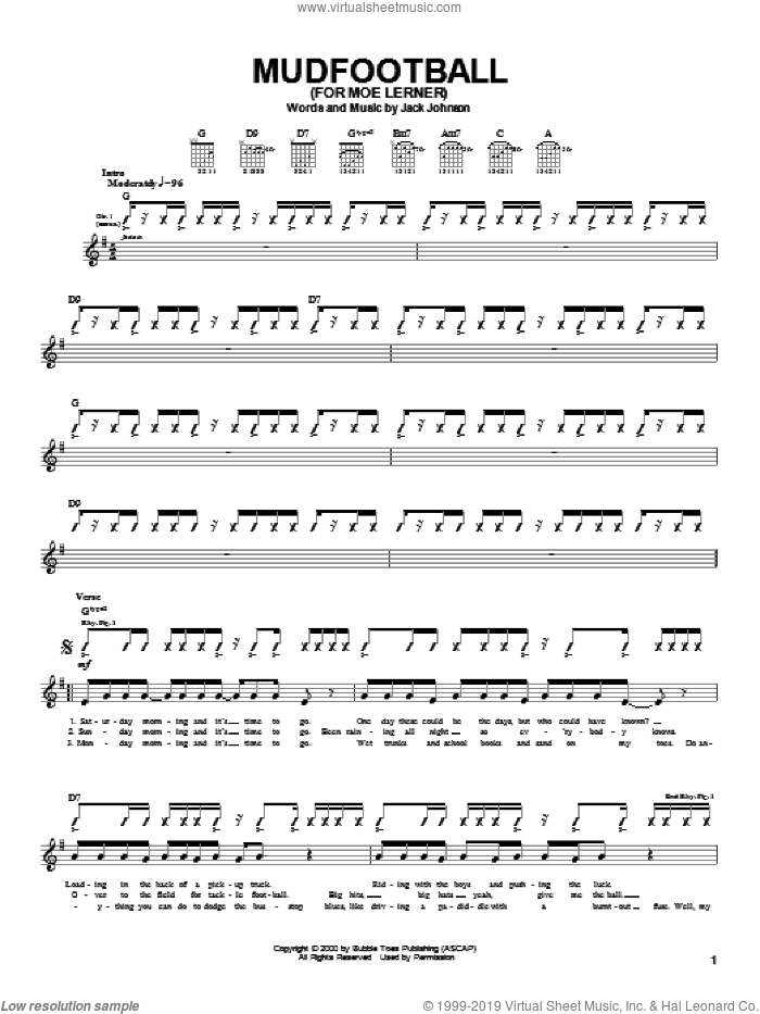 Mudfootball (For Moe Lerner) sheet music for guitar (tablature) by Jack Johnson, intermediate skill level