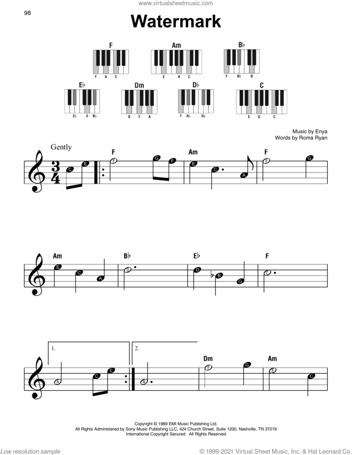 Watermark, (beginner) sheet music for piano solo by Enya and Roma Ryan, beginner skill level