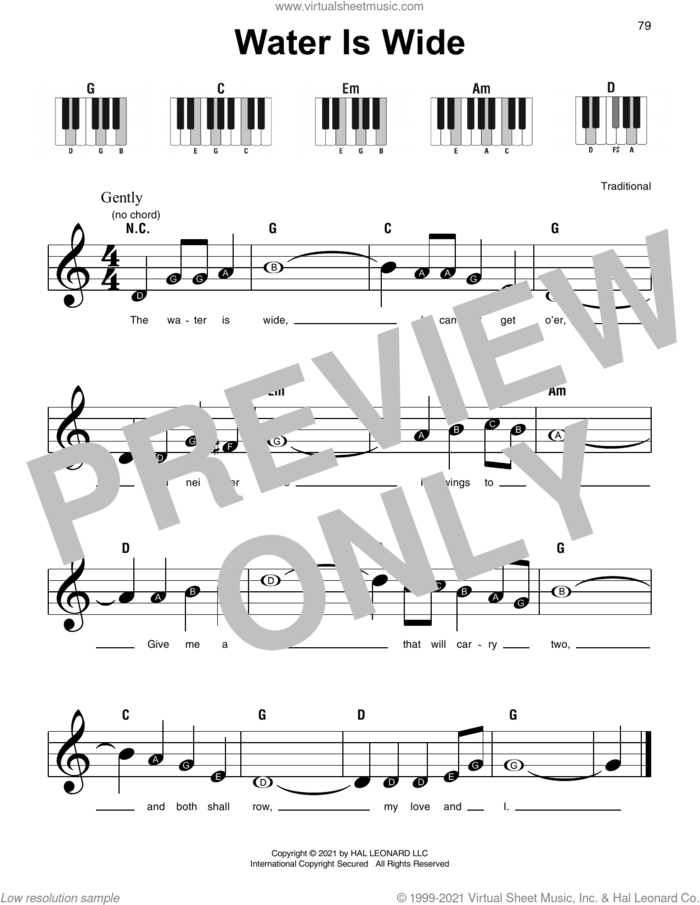 Water Is Wide sheet music for piano solo, beginner skill level