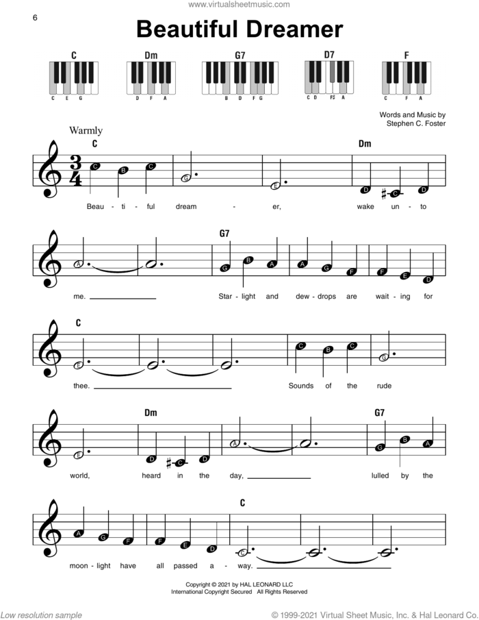Beautiful Dreamer, (beginner) sheet music for piano solo by Stephen Foster, beginner skill level
