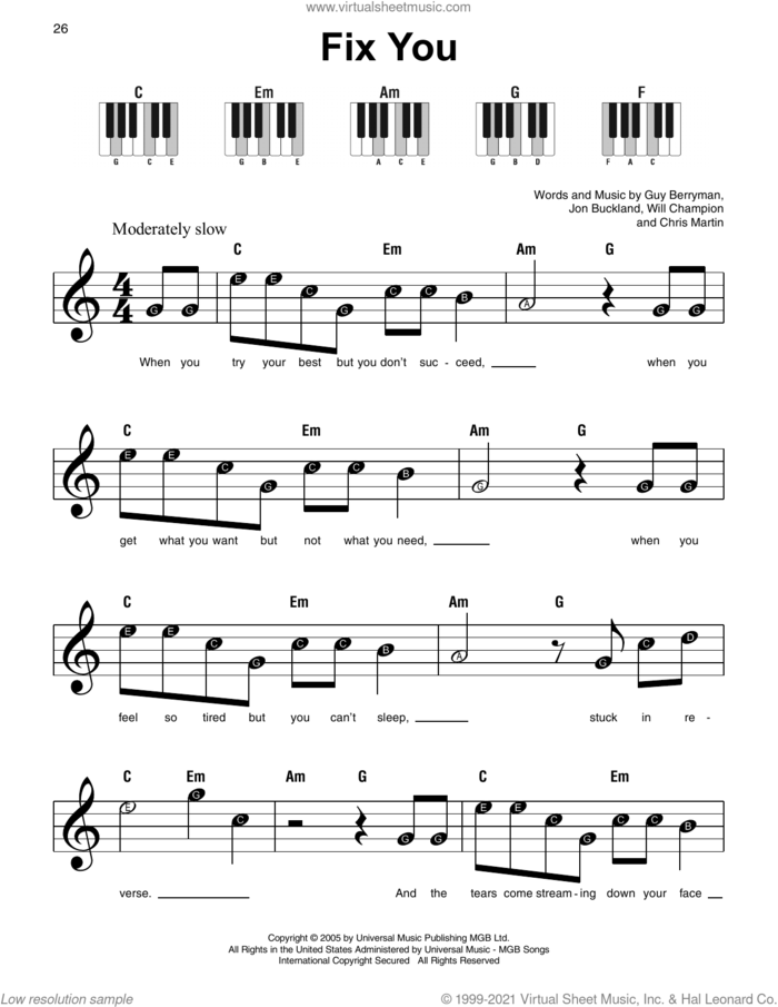 Fix You sheet music for piano solo by Coldplay, Chris Martin, Guy Berryman, Jon Buckland and Will Champion, beginner skill level