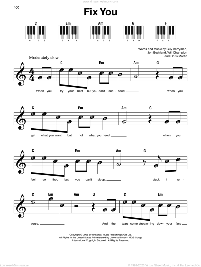 Fix You sheet music for piano solo by Coldplay, Chris Martin, Guy Berryman, Jon Buckland and Will Champion, beginner skill level
