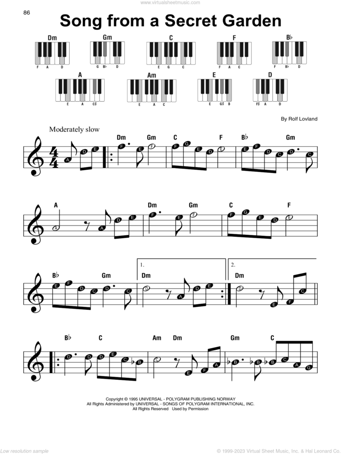 Song From A Secret Garden sheet music for piano solo by Secret Garden and Rolf Lovland, beginner skill level