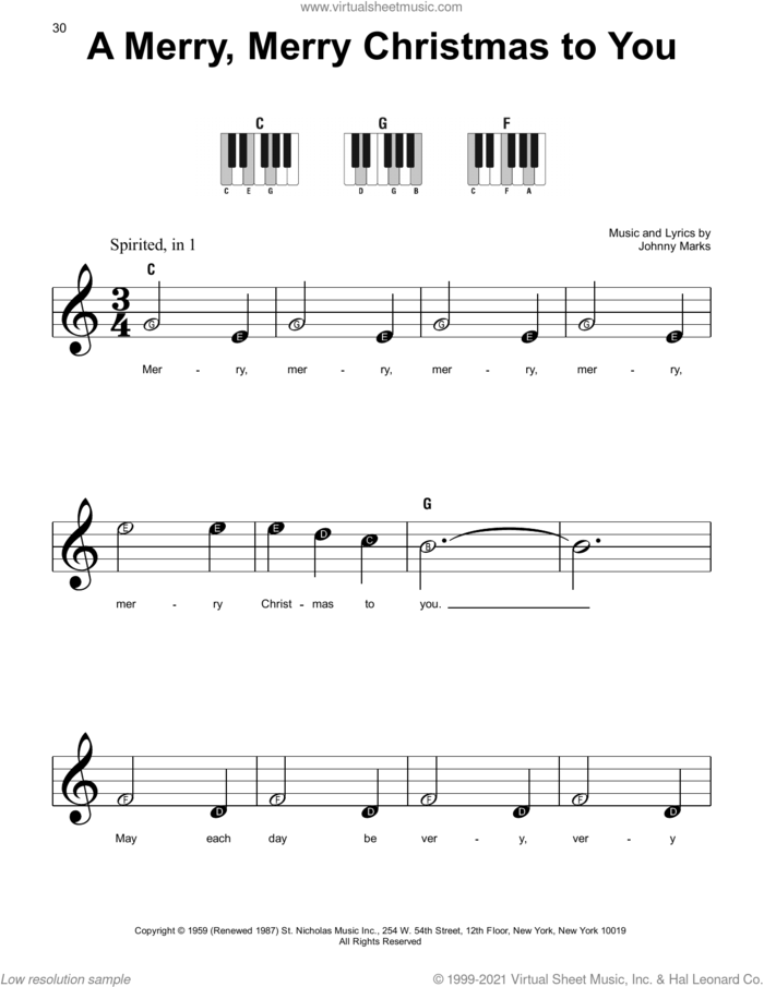 A Merry, Merry Christmas To You sheet music for piano solo by Johnny Marks, beginner skill level