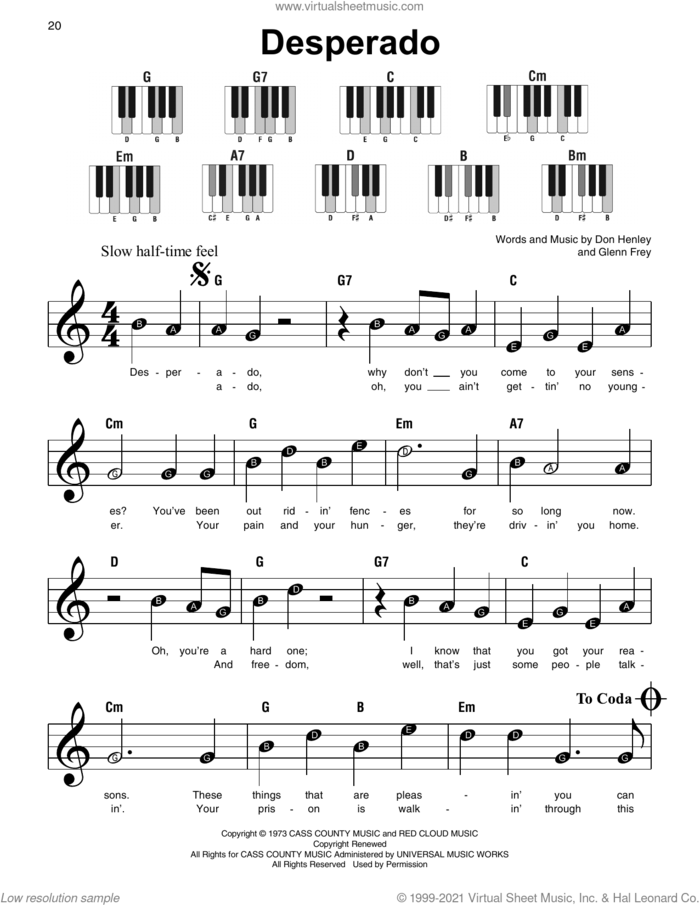 Desperado sheet music for piano solo by The Eagles, Don Henley and Glenn Frey, beginner skill level