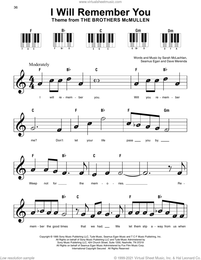 I Will Remember You, (beginner) sheet music for piano solo by Sarah McLachlan, Dave Merenda and Seamus Egan, beginner skill level