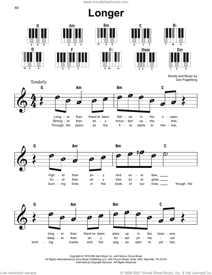 Longer sheet music for piano solo by Dan Fogelberg, beginner skill level