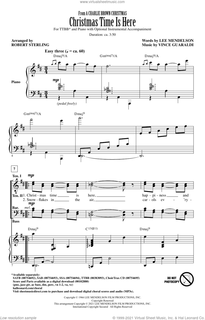Christmas Time Is Here (arr. Robert Sterling) sheet music for choir (TTBB: tenor, bass) by Vince Guaraldi, Robert Sterling and Lee Mendelson, intermediate skill level