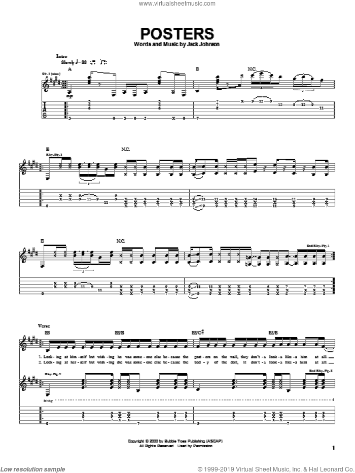 Posters sheet music for guitar (tablature) by Jack Johnson, intermediate skill level