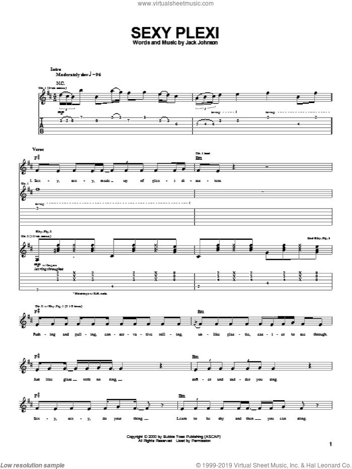 Sexy Plexi sheet music for guitar (tablature) by Jack Johnson, intermediate skill level
