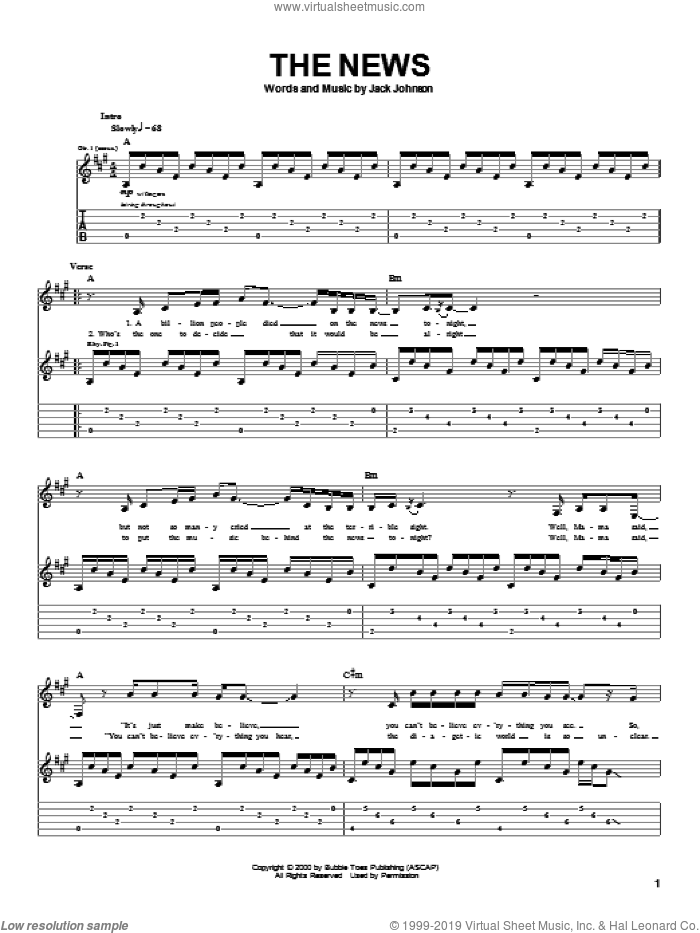 The News sheet music for guitar (tablature) by Jack Johnson, intermediate skill level