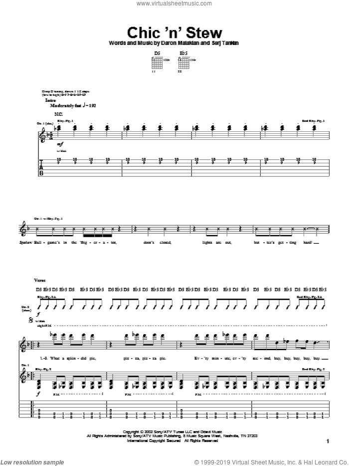 Chic 'N' Stew sheet music for guitar (tablature) by System Of A Down, Daron Malakian and Serj Tankian, intermediate skill level