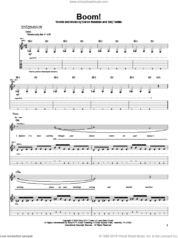 Boom! sheet music for guitar (tablature) by System Of A Down, Daron Malakian and Serj Tankian, intermediate skill level