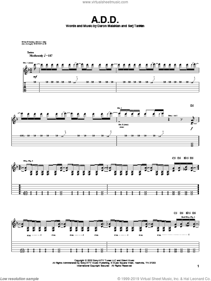 A.D.D. sheet music for guitar (tablature) by System Of A Down, Daron Malakian and Serj Tankian, intermediate skill level