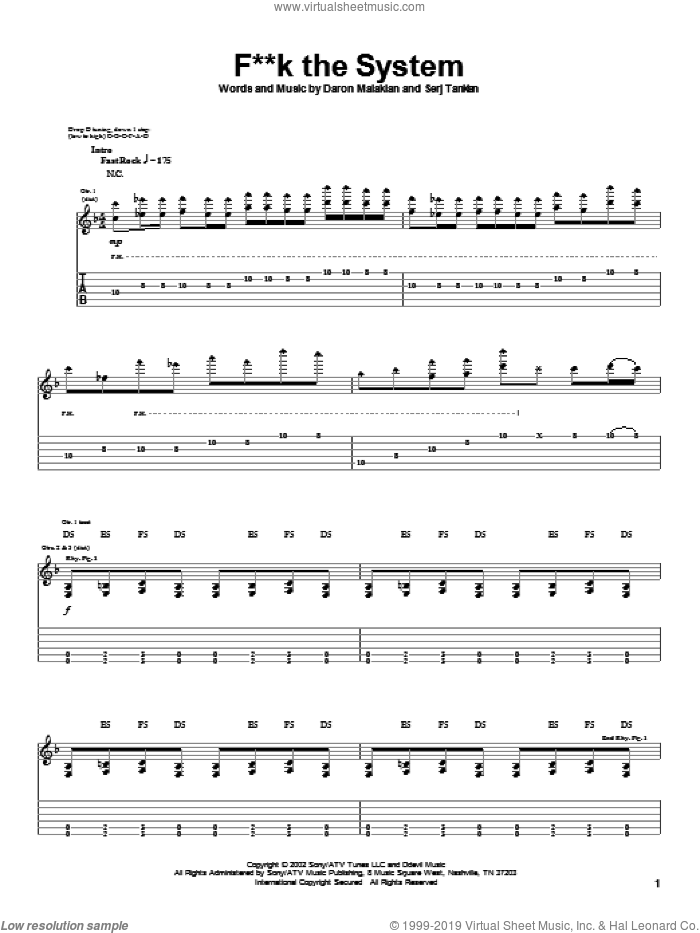 F**k The System sheet music for guitar (tablature) by System Of A Down, Daron Malakian and Serj Tankian, intermediate skill level