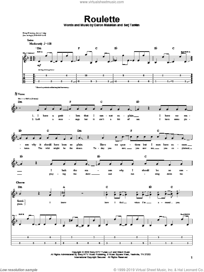 Roulette sheet music for guitar (tablature) by System Of A Down, Daron Malakian and Serj Tankian, intermediate skill level