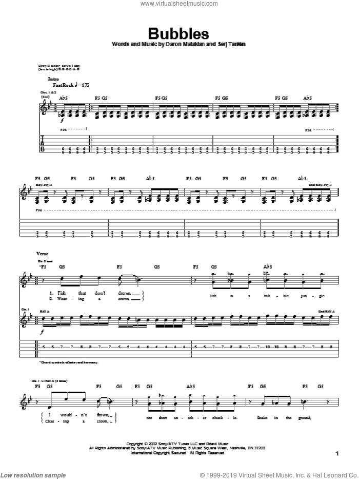 Bubbles sheet music for guitar (tablature) by System Of A Down, Daron Malakian and Serj Tankian, intermediate skill level