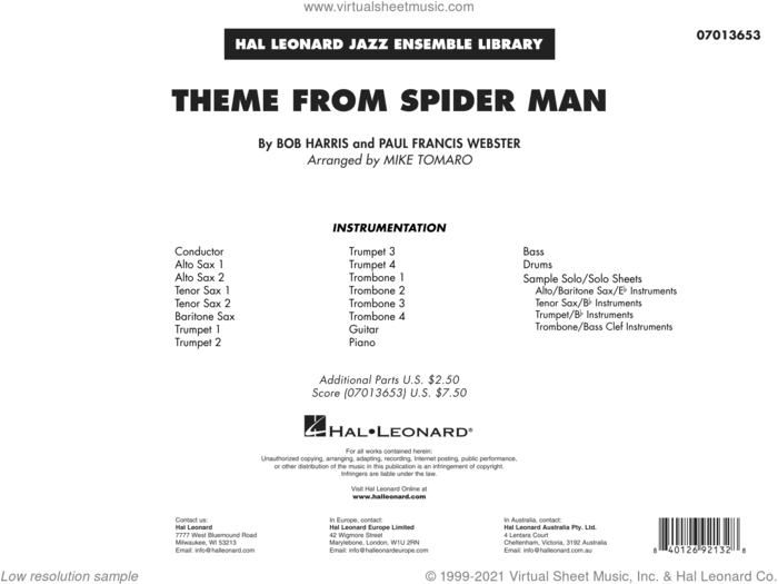 Theme from Spider Man (arr. Mike Tomaro) (COMPLETE) sheet music for jazz band by Paul Francis Webster, Bob Harris, Bob Harris & Paul Francis Webster and Mike Tomaro, intermediate skill level