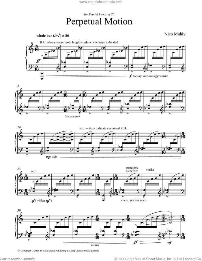 Perpetual Motion sheet music for piano solo by Nico Muhly, classical score, intermediate skill level