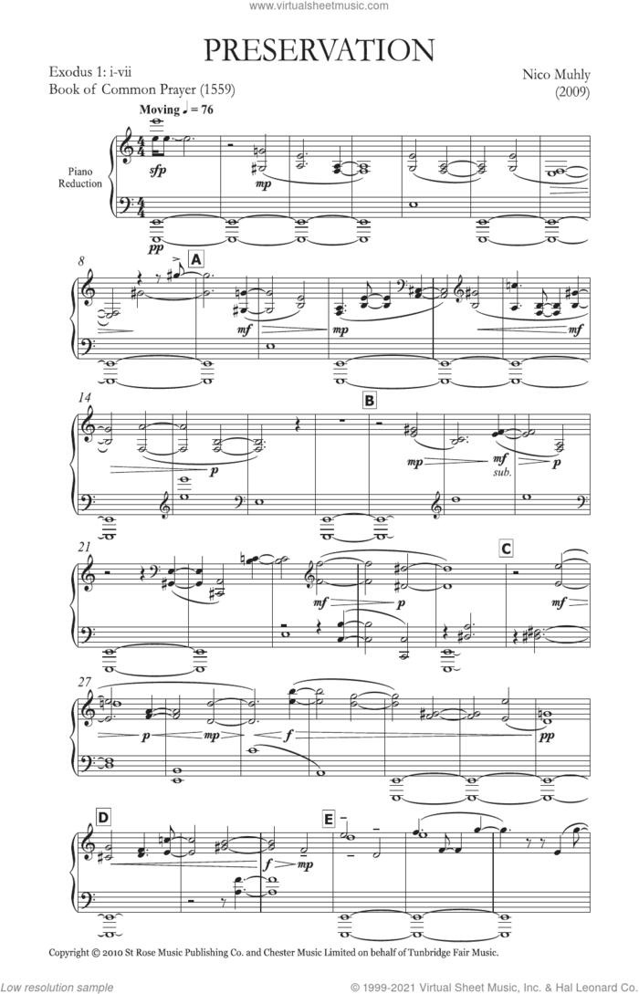Preservation sheet music for choir (SATB: soprano, alto, tenor, bass) by Nico Muhly, classical score, intermediate skill level