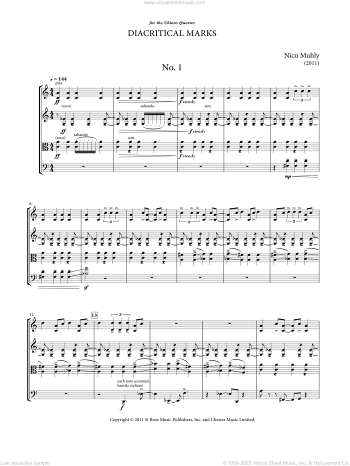 Diacritical Marks sheet music for string quartet (score ands) by Nico Muhly, classical score, intermediate skill level