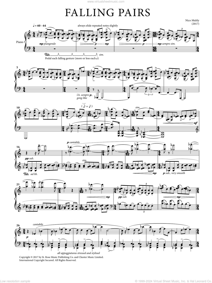 Falling Pairs sheet music for piano solo by Nico Muhly, classical score, intermediate skill level