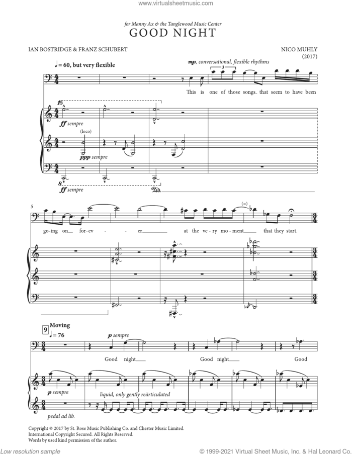 Good Night sheet music for voice and piano by Nico Muhly, classical score, intermediate skill level