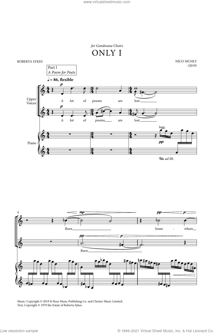 Only I sheet music for choir (SSAA: soprano, alto) by Nico Muhly and Roberta Sykes, classical score, intermediate skill level