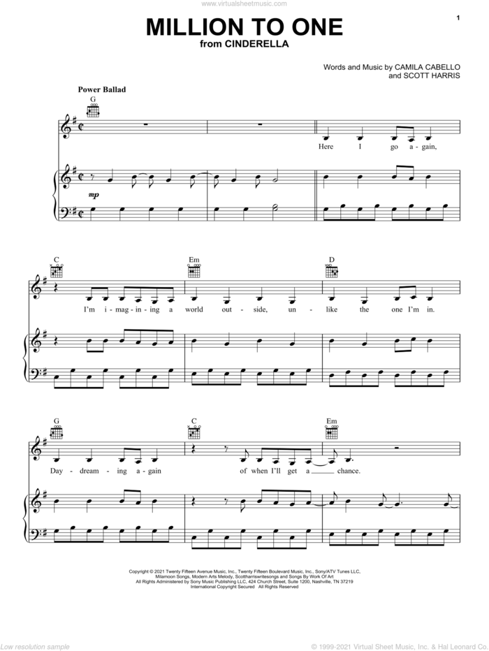 Million To One (from the Amazon Original Movie Cinderella) sheet music for voice, piano or guitar by Camila Cabello and Scott Harris, intermediate skill level