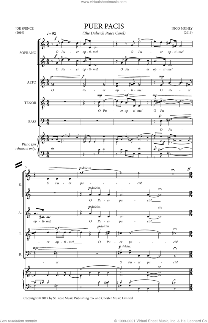 Puer Pacis sheet music for choir (SATB: soprano, alto, tenor, bass) by Nico Muhly and Joe Spence, classical score, intermediate skill level