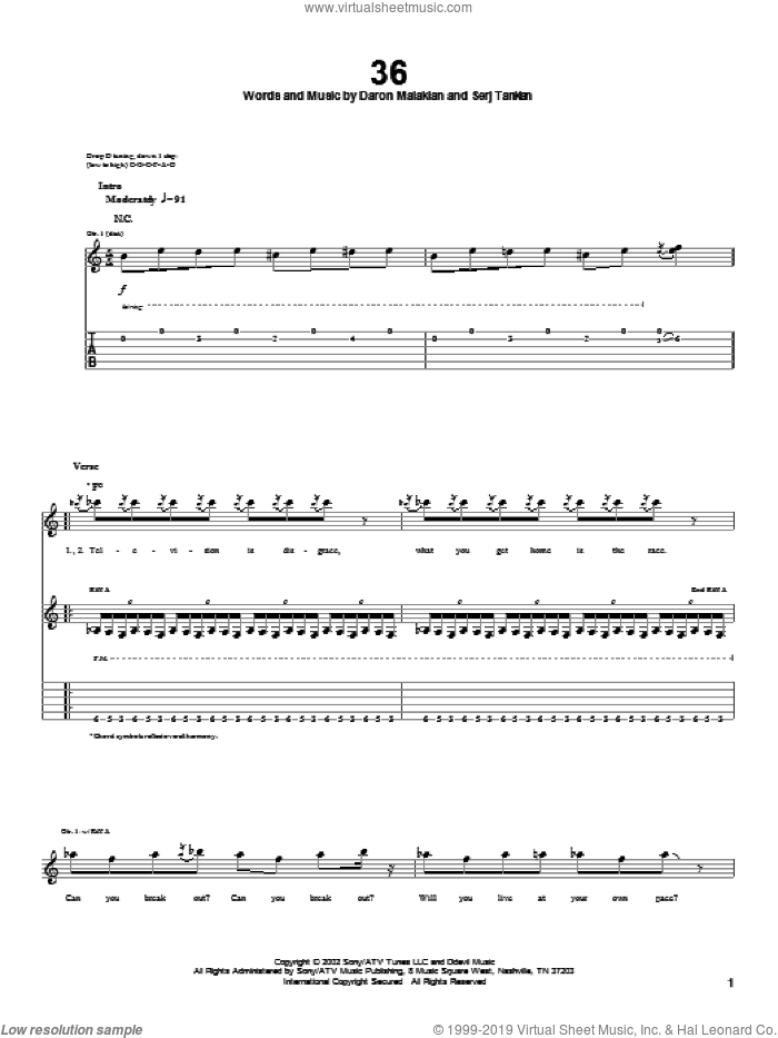 36 sheet music for guitar (tablature) by System Of A Down, Daron Malakian and Serj Tankian, intermediate skill level