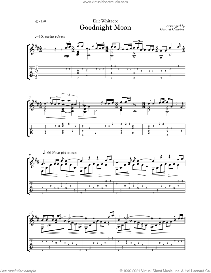 Goodnight Moon (arr. Gerard Cousins) sheet music for guitar solo by Eric Whitacre and Gerard Cousins, classical score, intermediate skill level