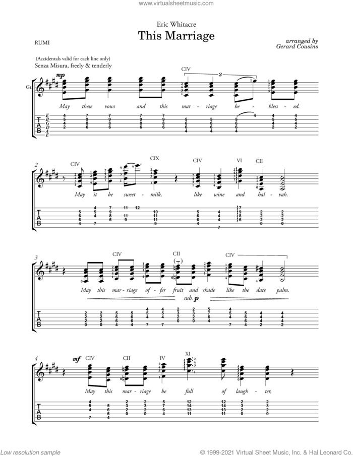 This Marriage (arr. Gerard Cousins) sheet music for guitar solo by Eric Whitacre, Gerard Cousins and Jaiai Al-Din Rumi, classical score, intermediate skill level