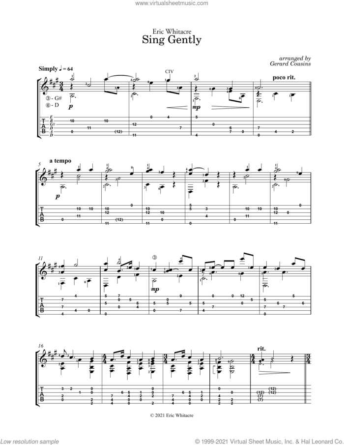 Sing Gently (arr. Gerard Cousins) sheet music for guitar solo by Eric Whitacre and Gerard Cousins, intermediate skill level