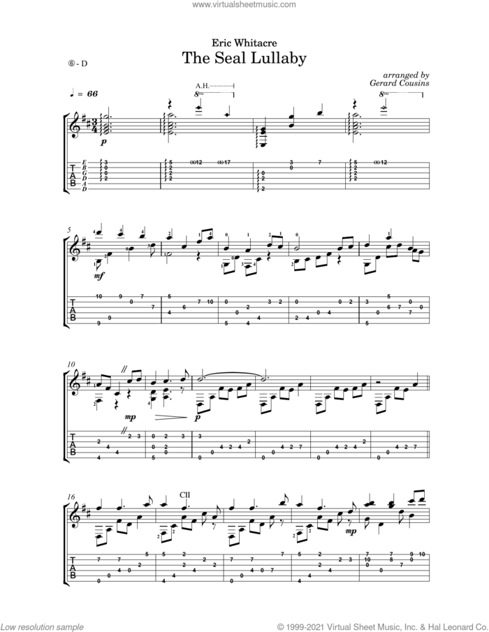 The Seal Lullaby (arr. Gerard Cousins) sheet music for guitar solo by Eric Whitacre, Gerard Cousins and Rudyard Kipling, intermediate skill level