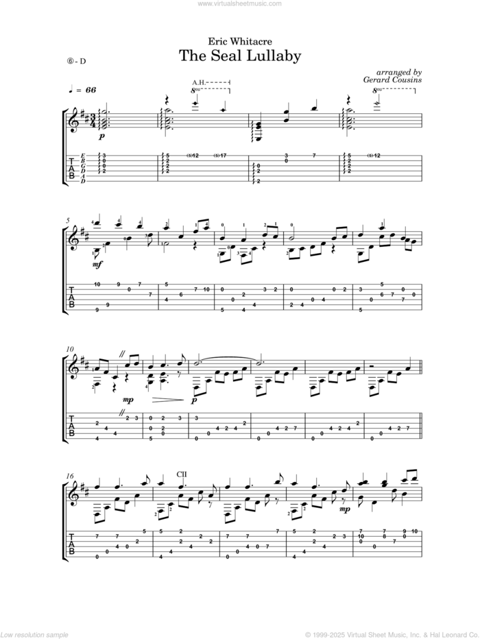 The Seal Lullaby (arr. Gerard Cousins) sheet music for guitar solo by Eric Whitacre, Gerard Cousins and Rudyard Kipling, intermediate skill level