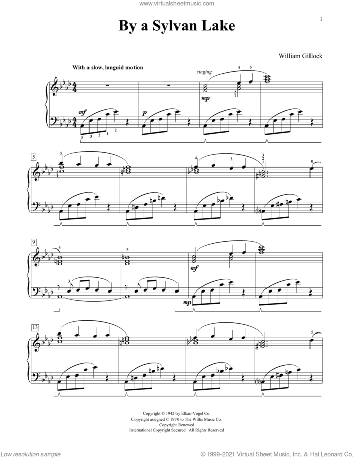 By A Sylvan Lake sheet music for piano solo (elementary) by William Gillock, classical score, beginner piano (elementary)