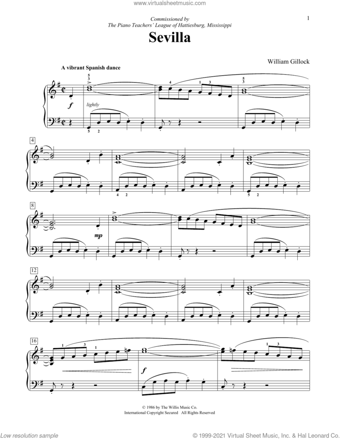 Sevilla sheet music for piano solo (elementary) by William Gillock, classical score, beginner piano (elementary)