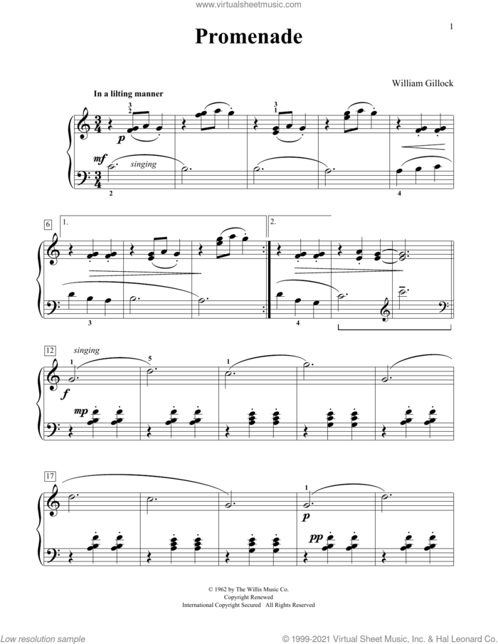 Promenade sheet music for piano solo (elementary) by William Gillock, classical score, beginner piano (elementary)