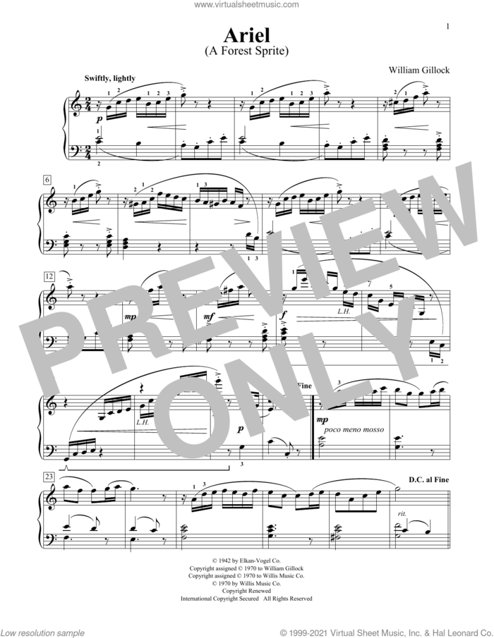 Ariel (A Forest Sprite) sheet music for piano solo (elementary) by William Gillock, classical score, beginner piano (elementary)