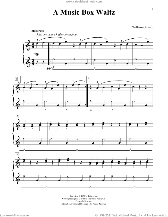 A Music Box Waltz sheet music for piano solo (elementary) by William Gillock, classical score, beginner piano (elementary)