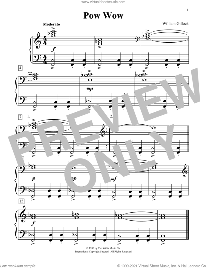 Pow Wow sheet music for piano solo (elementary) by William Gillock, classical score, beginner piano (elementary)