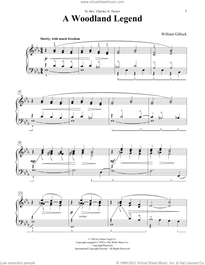 A Woodland Legend sheet music for piano solo (elementary) by William Gillock, classical score, beginner piano (elementary)