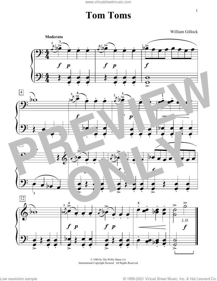 Tom Toms sheet music for piano solo (elementary) by William Gillock, classical score, beginner piano (elementary)