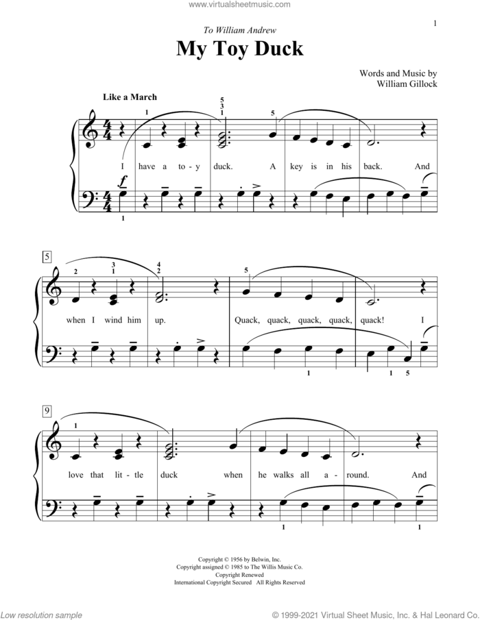 My Toy Duck sheet music for piano solo (elementary) by William Gillock, classical score, beginner piano (elementary)